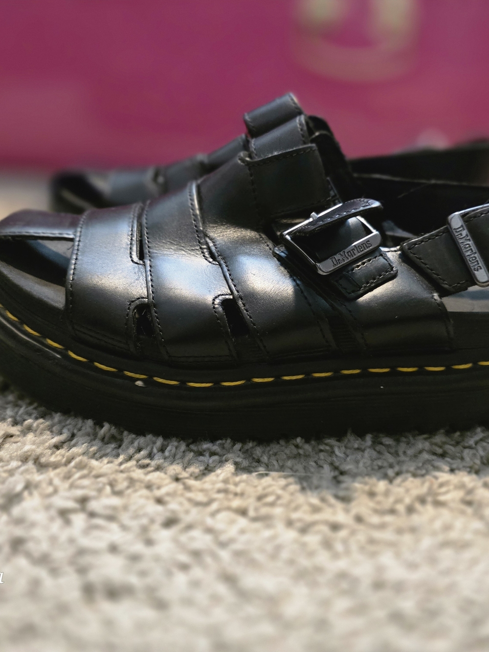 Dr. Martens Black Leather Fisherman Sandals with Yellow Stitching